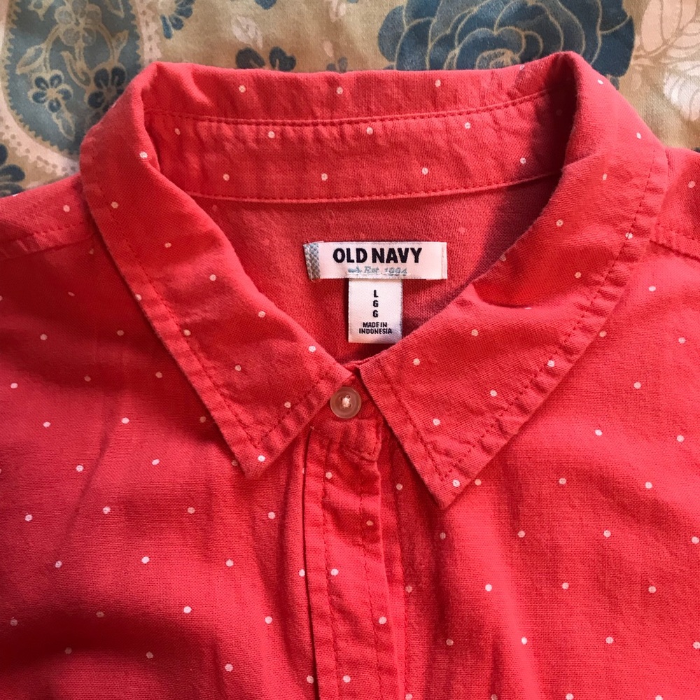 Coral / orange polka dot button up chamois shirt